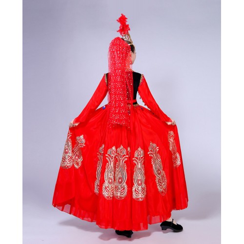 Women's chinese folk dance costumes red black xinjiang belly stage performance cosplay photos dancing dresses